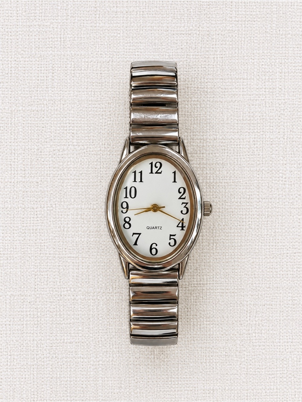 Silver Tone Oval Face Quartz Watch Stretch Expansion Band